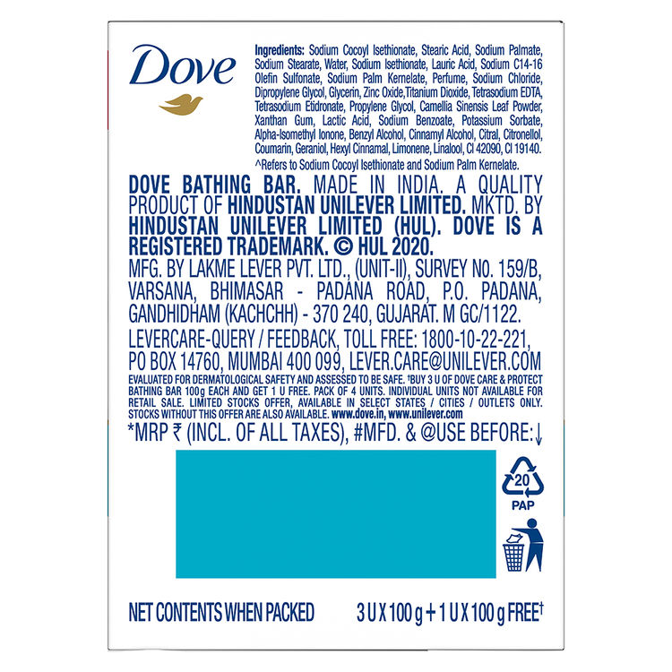 DoveCare & Protect Moisturising Cream Beauty Bathing Bar - 100g (Pack of 4)