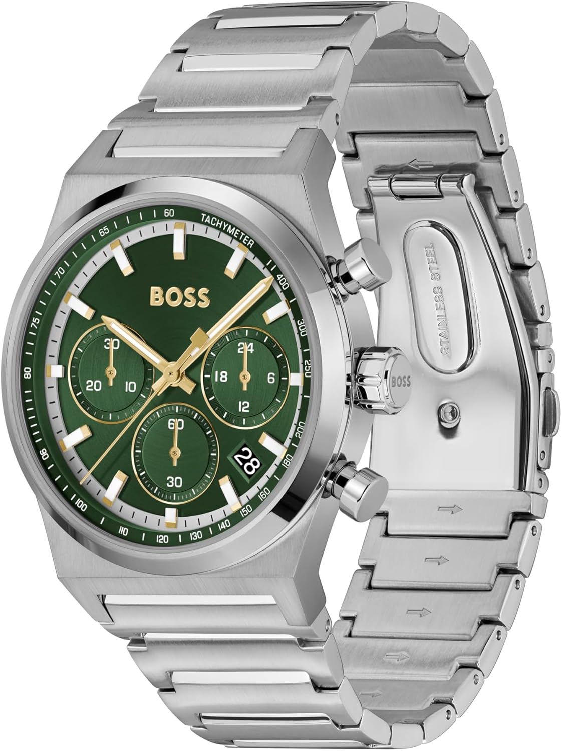 BOSS Candor Chrono Qtz Fashion Chrono Dark Green Round Dial Men's Watch|Stainless Steel Material|Silver Color Band - 1514220