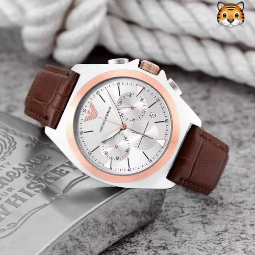 Emporio Armani Men's Quartz Silver  Dial Chronograph brown Leather Watch AR11563