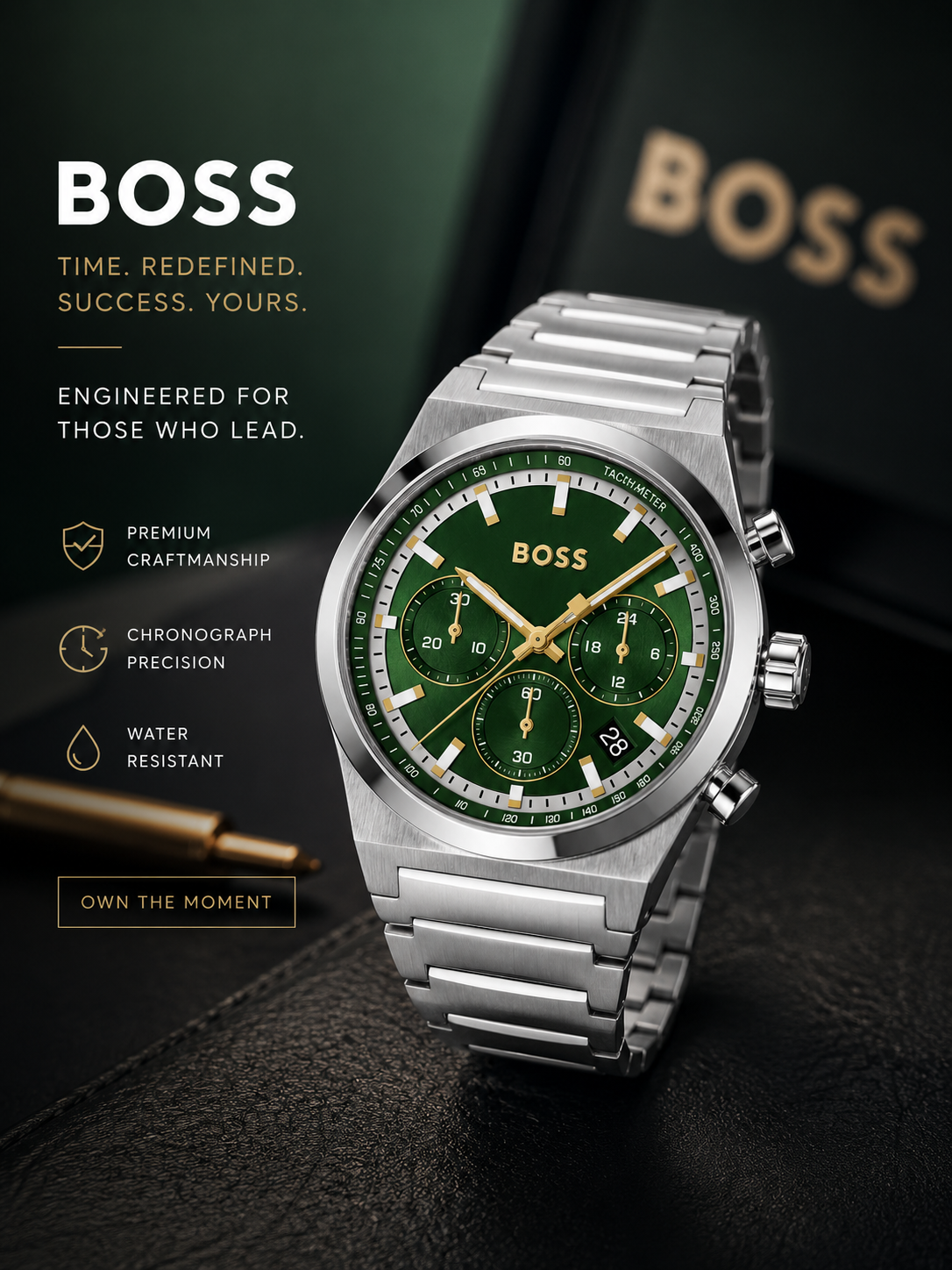 BOSS Candor Chrono Qtz Fashion Chrono Dark Green Round Dial Men's Watch|Stainless Steel Material|Silver Color Band - 1514220
