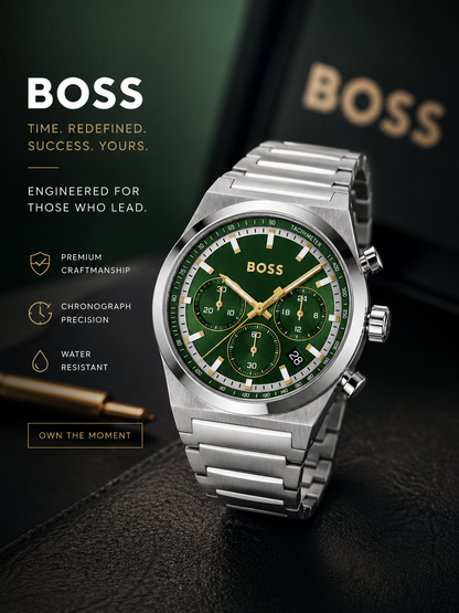 BOSS Candor Chrono Qtz Fashion Chrono Dark Green Round Dial Men's Watch|Stainless Steel Material|Silver Color Band - 1514220