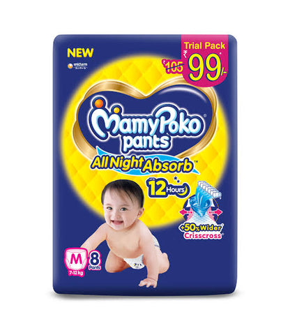MamyPoko Pants All Night Absorb Baby Diapers, Medium (M), 8 Count 7-12kg