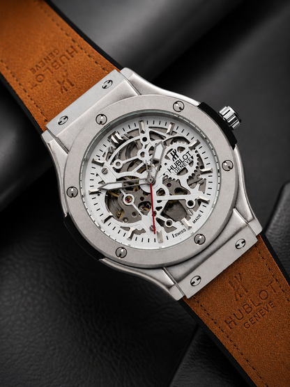 Hublot Automatic Watch – Titanium Silver Dial with Golden Leather Strap