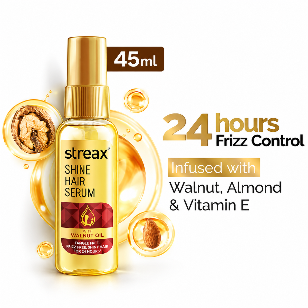 Streax Shine Hair Serum with Walnut Oil, For Hair Smoothening & Shine, For Dry & Frizzy Hair - 45 ml