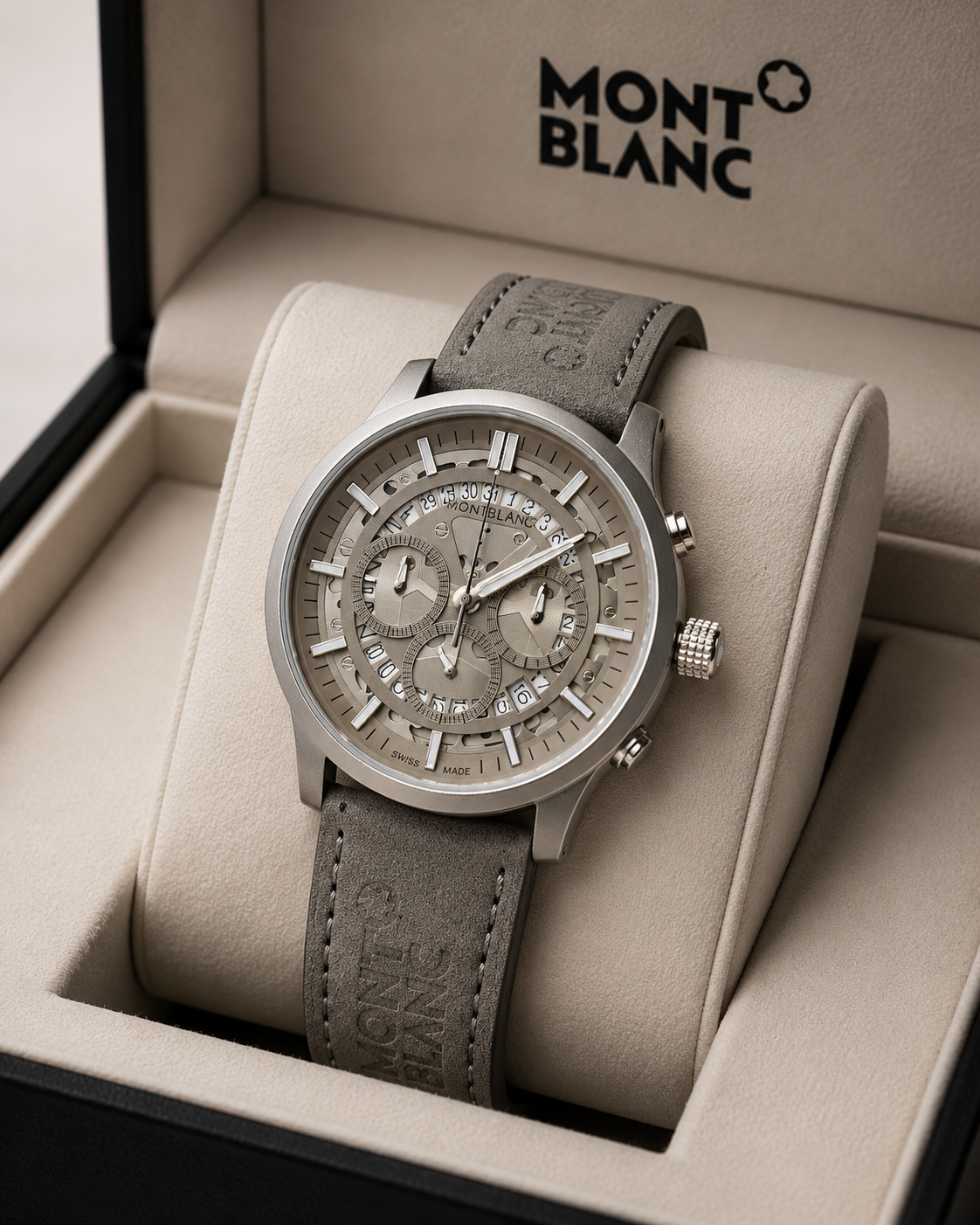 Mont Blanc Grey Chronograph Leather Men's Watch for Man M1122 Formal/ Casual