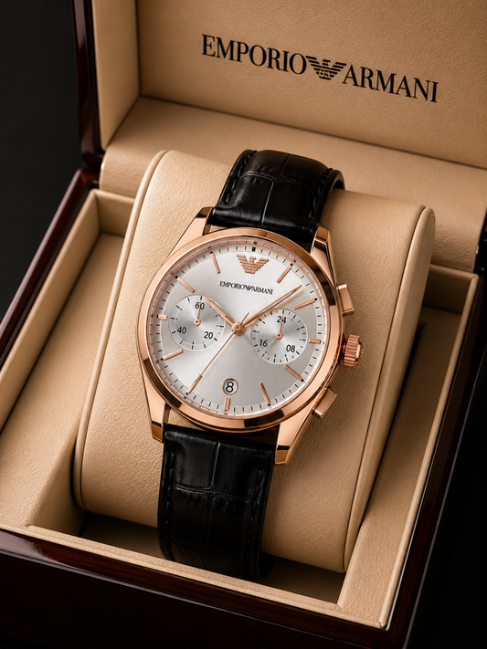 Emporio Armani Men's Quartz Silver  Dial Chronograph black Leather Watch AR11563