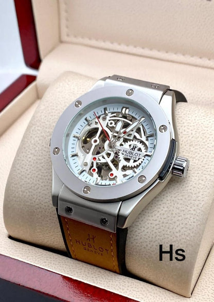 Hublot Automatic Watch – Titanium Silver Dial with Golden Leather Strap