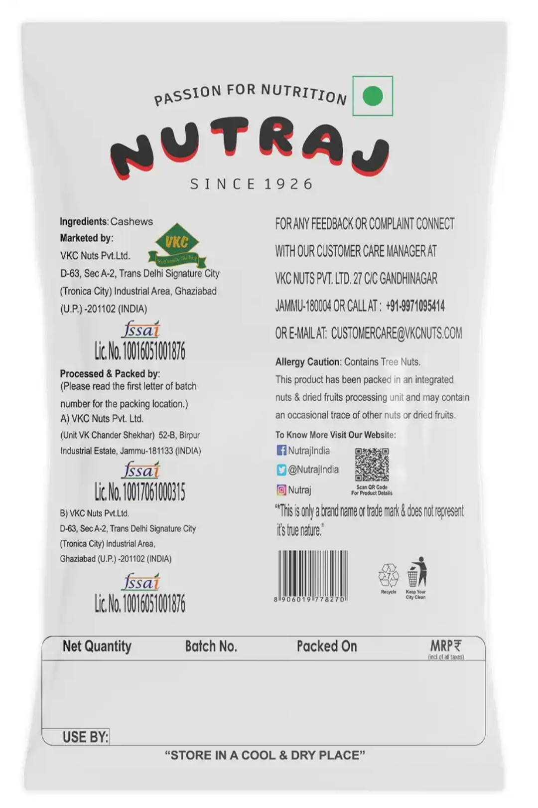 Nutraj Cashew Nuts - 200g
