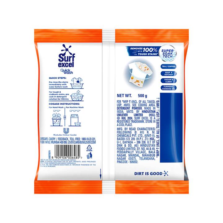 Surf Excel Quick Wash Detergent Powder - 500g