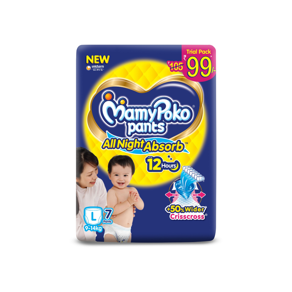 MamyPoko Pants All Night Absorb Baby Diapers, Large (L), 7 Pants 9-14 kg