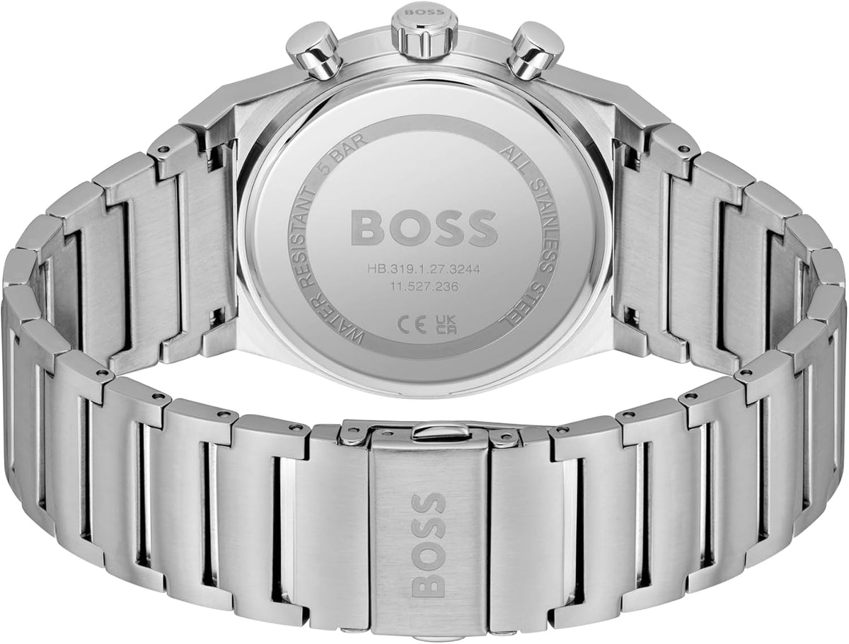 BOSS Candor Chrono Qtz Fashion Chrono Dark Green Round Dial Men's Watch|Stainless Steel Material|Silver Color Band - 1514220
