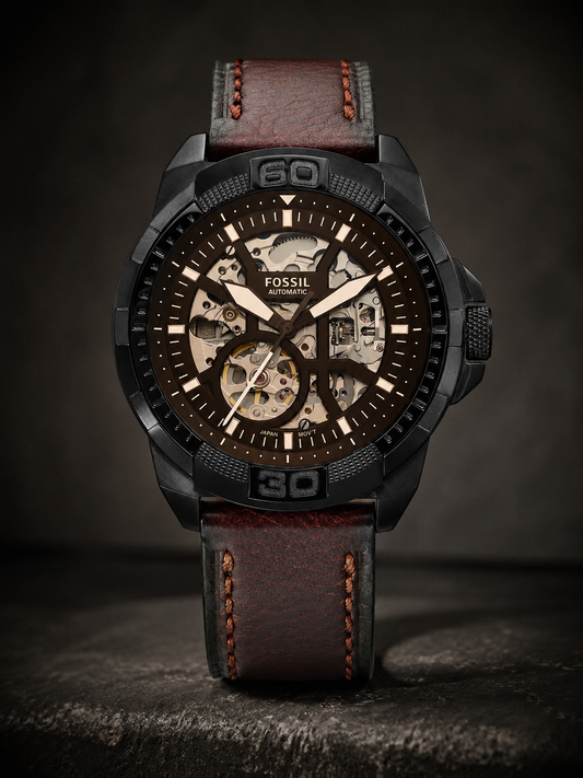 Fossil Men Leather Bronson Analog Black Dial Watch-Me3219, Band Color-Brown