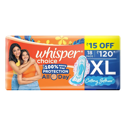 WHISPER CHOICE SANITARY PADS, 18 XL PADS