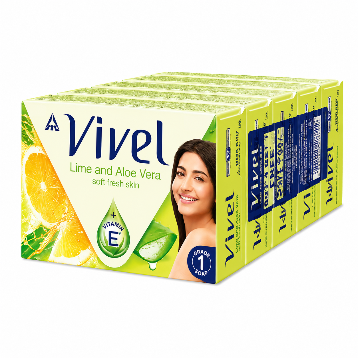 Vivel Lime and Aloe Vera Soft Fresh Skin Bathing Soap - 450g (Buy 4 Get 1)