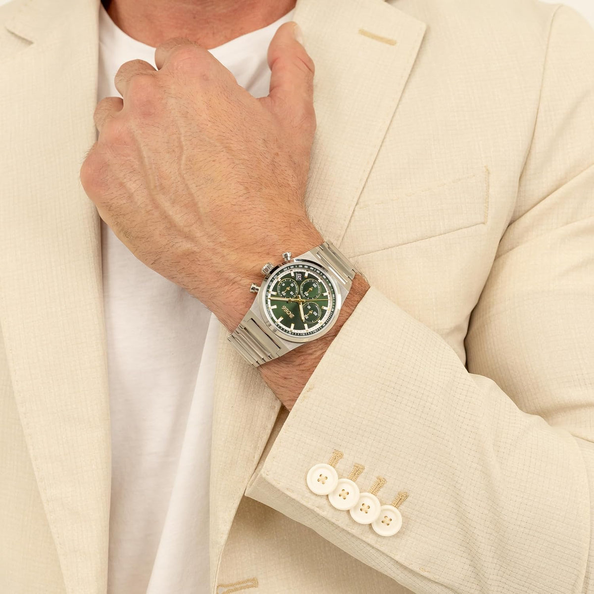 BOSS Candor Chrono Qtz Fashion Chrono Dark Green Round Dial Men's Watch|Stainless Steel Material|Silver Color Band - 1514220
