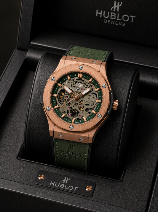 Hublot Automatic Watch – Titanium Silver Dial with Golden Leather Strap