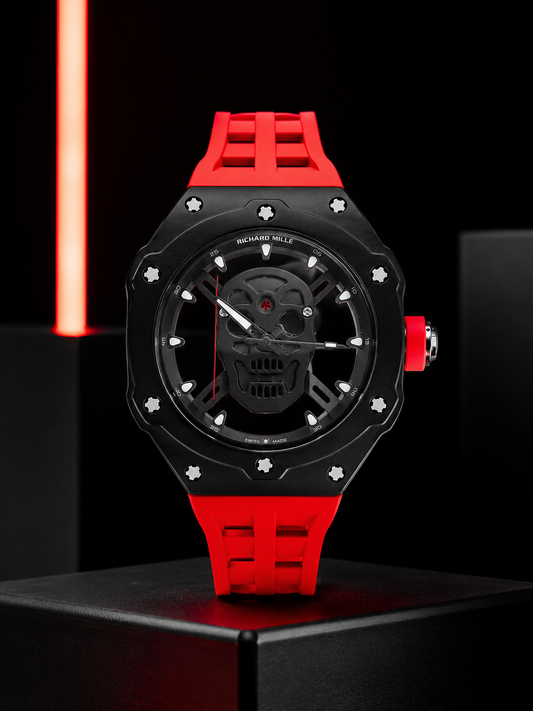 Richard Mille RM 052 Replica Watch – Skeleton Tourbillon, Skull Face, Red Rubber Strap, AAAAA Quality