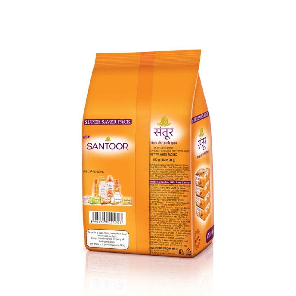 Santoor Sandal & Turmeric Soap - 100g (Pack of 4)