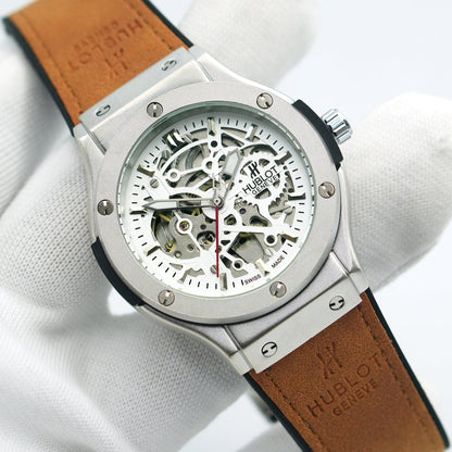 Hublot Automatic Watch – Titanium Silver Dial with Golden Leather Strap