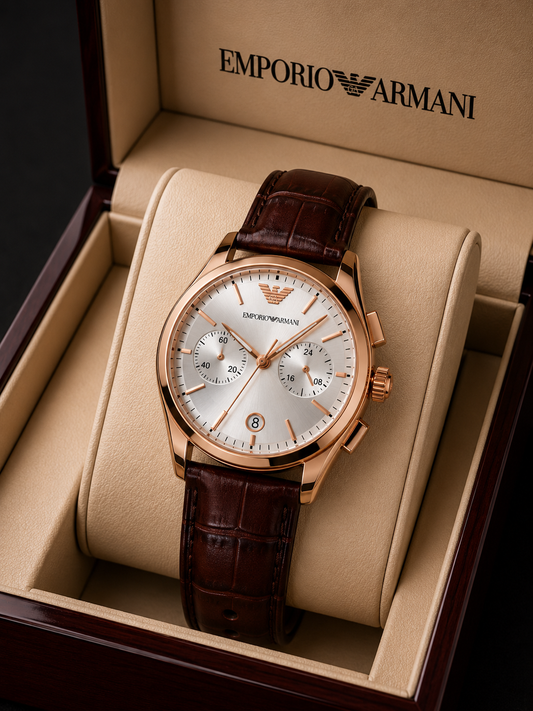 Emporio Armani Men's Quartz Silver  Dial Chronograph brown Leather Watch AR11563