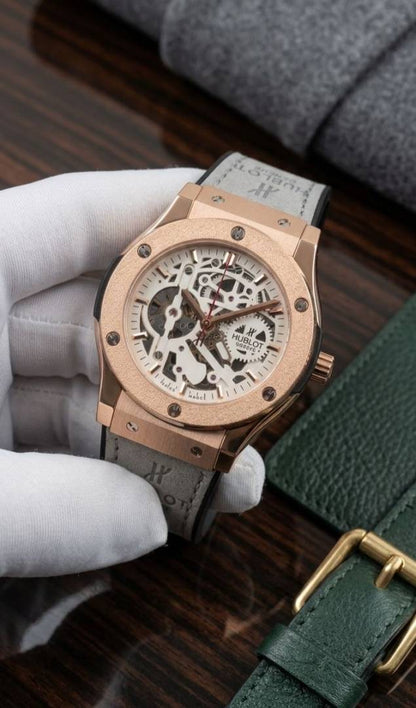 Hublot Automatic Watch – Titanium Rose Gold Dial with Grey Leather Strap