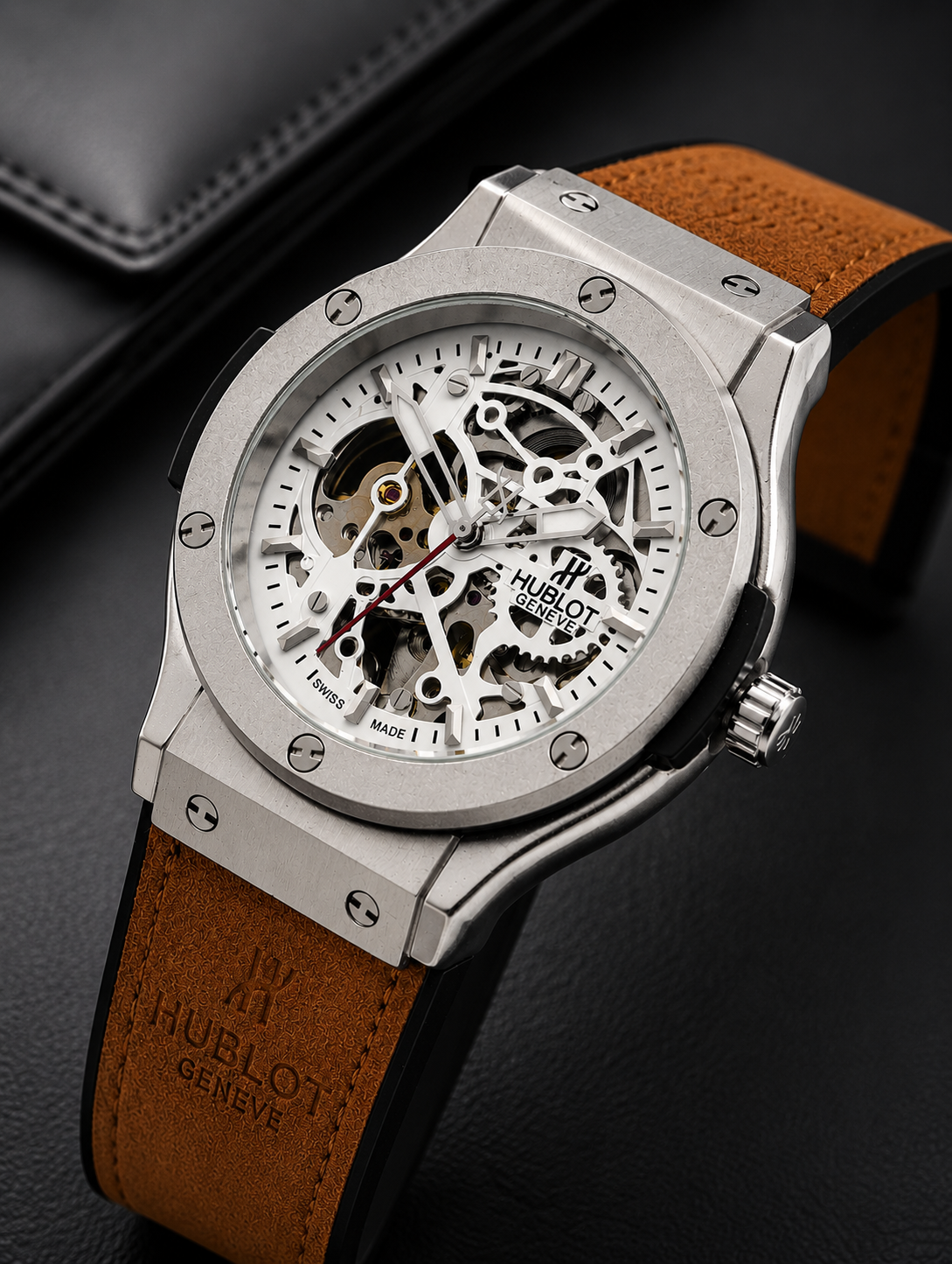 Hublot Automatic Watch – Titanium Silver Dial with Golden Leather Strap