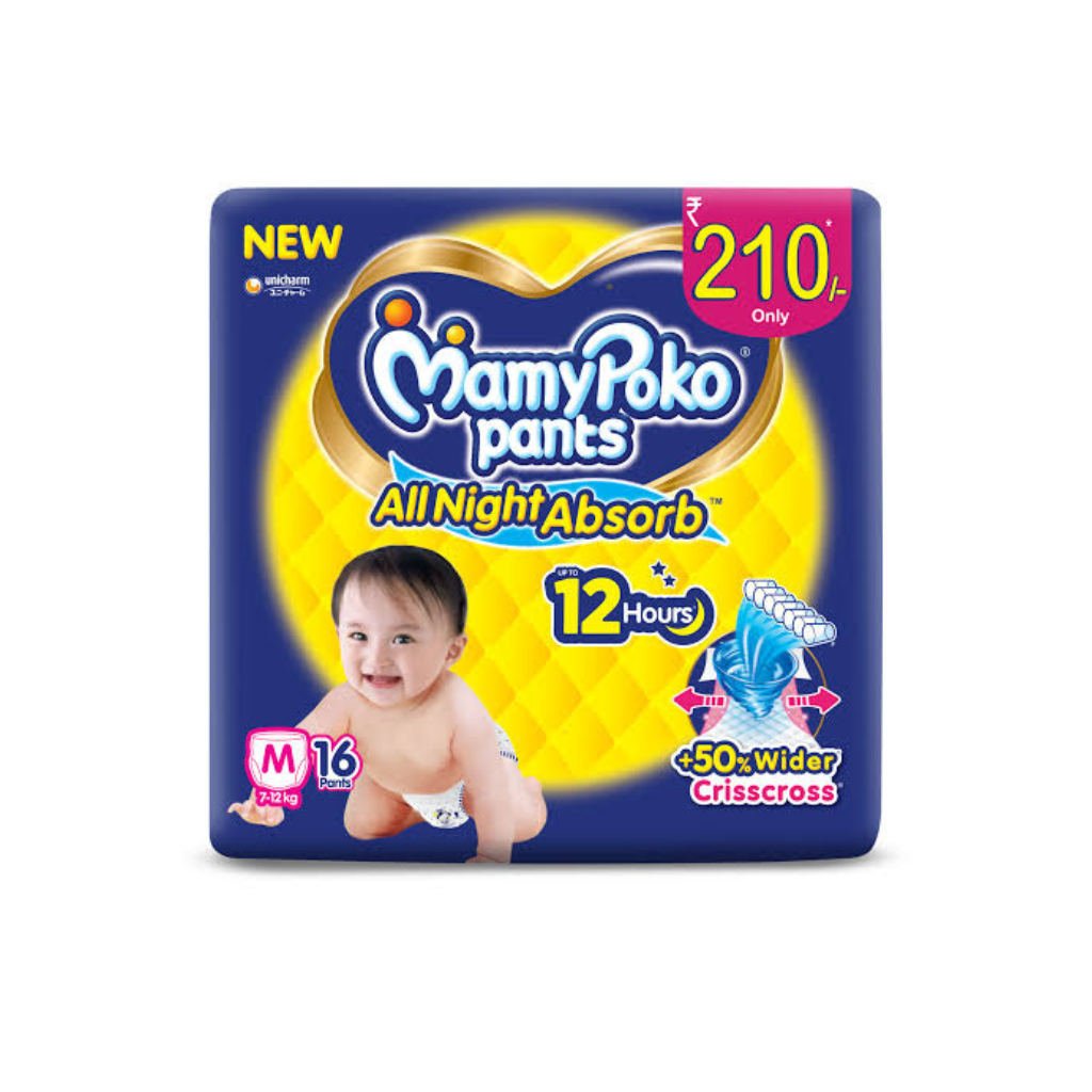 MamyPoko Pants All Night Absorb Baby Diapers, Medium (M), 16 Pants 7-12 kg