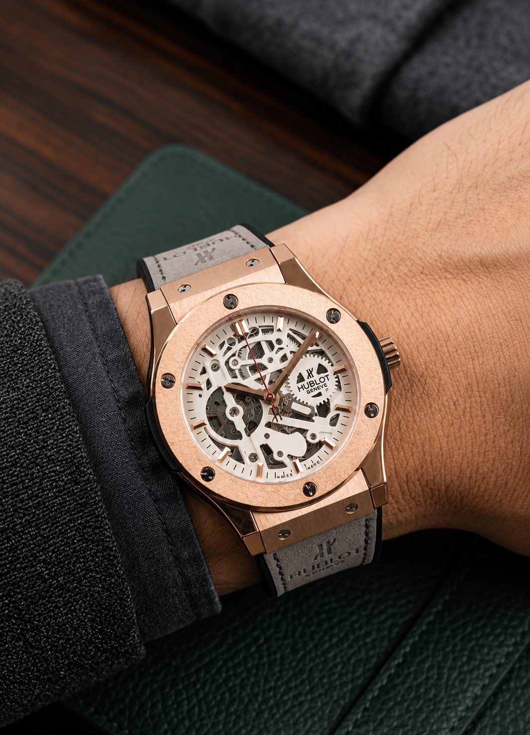 Hublot Automatic Watch – Titanium Rose Gold Dial with Grey Leather Strap
