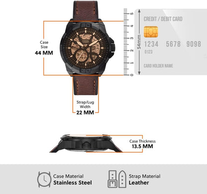 Fossil Men Leather Bronson Analog Dark Gery Dial Watch-Me3219, Band Color-Brown