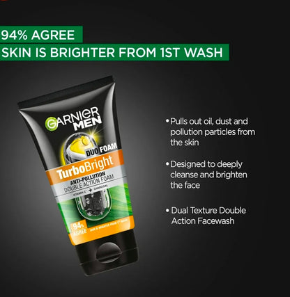 Garnier Men Turbo Bright Anti-Pollution Double Action Face Wash (50g)