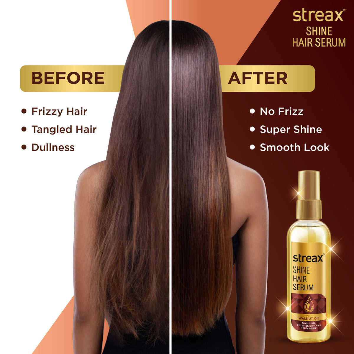 Streax Shine Hair Serum with Walnut Oil, For Hair Smoothening & Shine, For Dry & Frizzy Hair - 45 ml