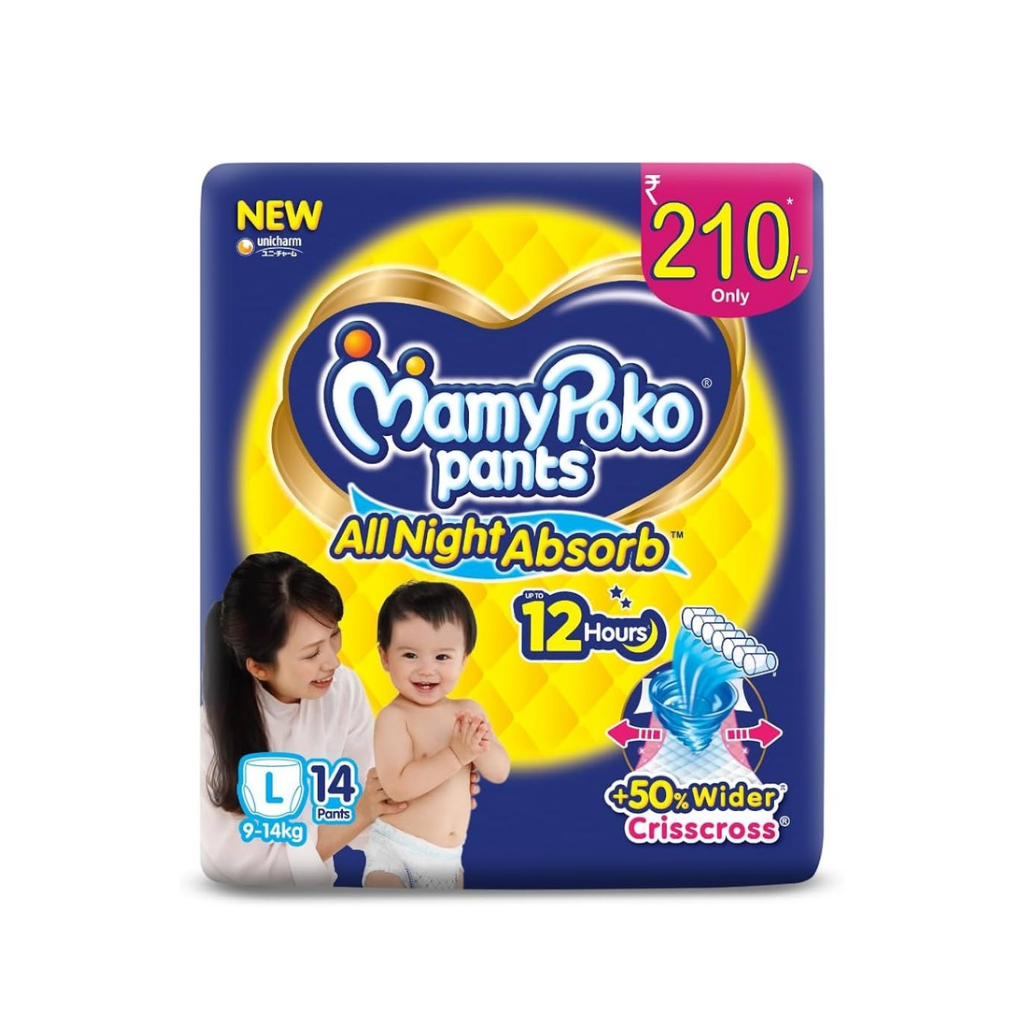 MamyPoko Pants All Night Absorb Baby Diapers, Large (L), 14 Pants 9-14 kg