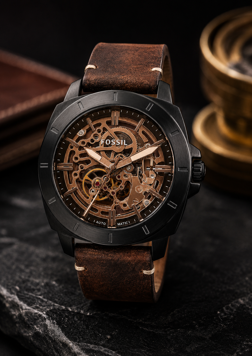Fossil Men Leather Bronson Analog Dark Gery Dial Watch-Me3219, Band Color-Brown