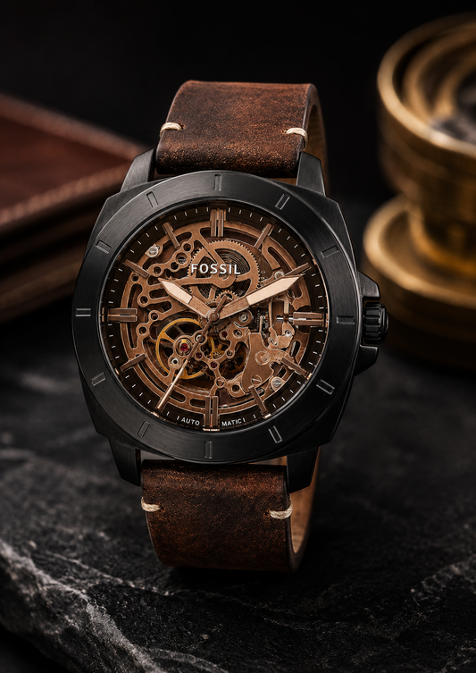 Fossil Men Leather Bronson Analog Dark Gery Dial Watch-Me3219, Band Color-Brown