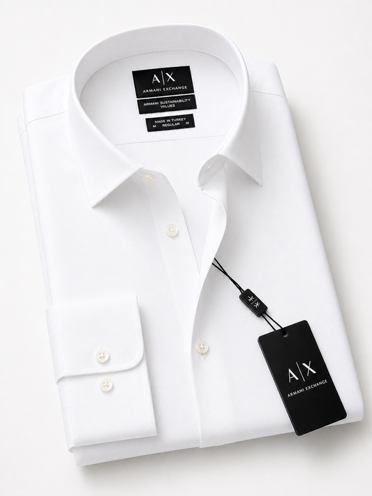Armani Exchange Pur White Cotton Satin Slim Fit Shirt
