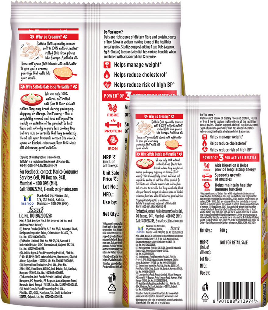 Instant Rolled Saffola Oats 1kg + 300g free