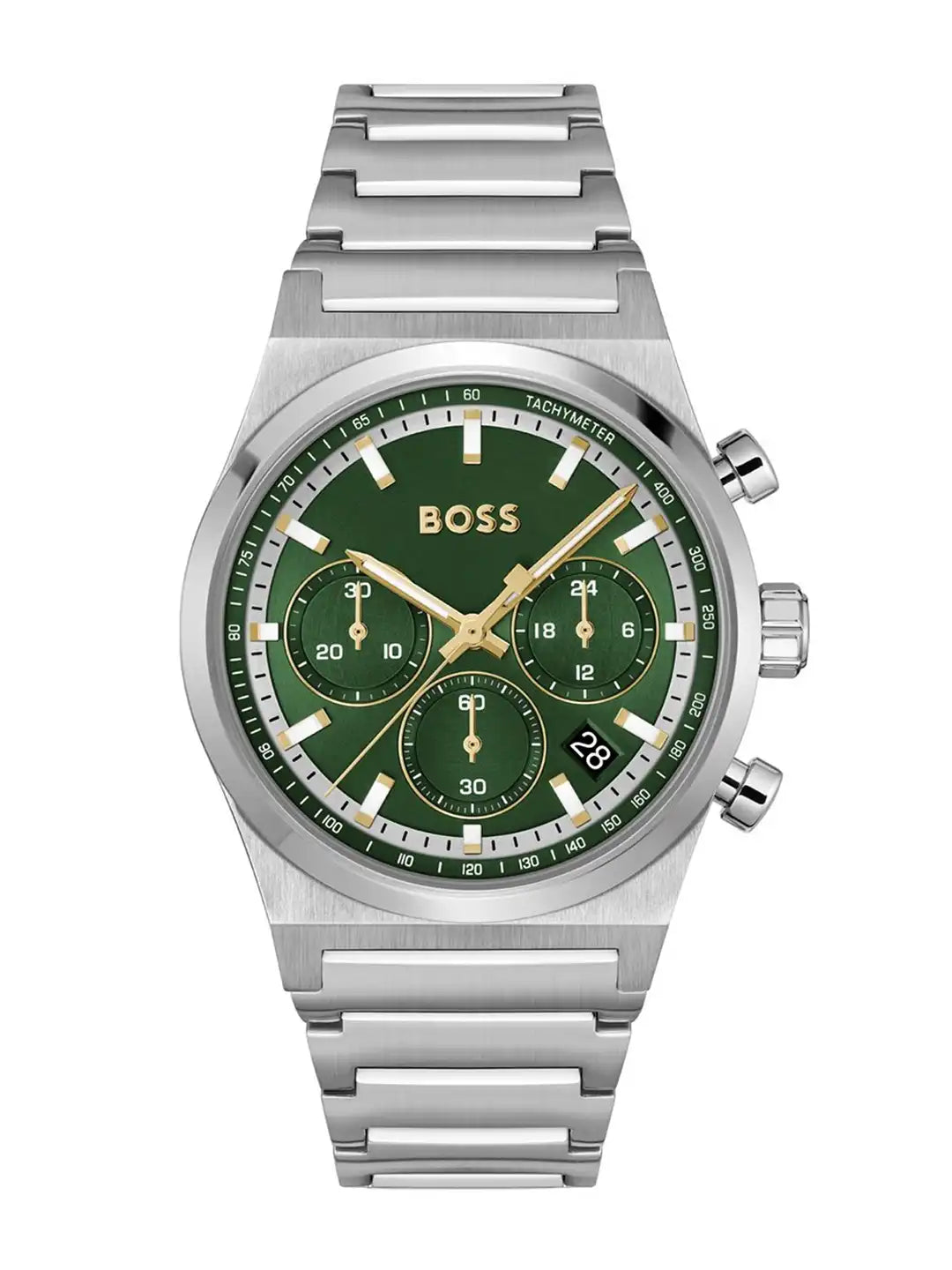 BOSS Candor Chrono Qtz Fashion Chrono Dark Green Round Dial Men's Watch|Stainless Steel Material|Silver Color Band - 1514220