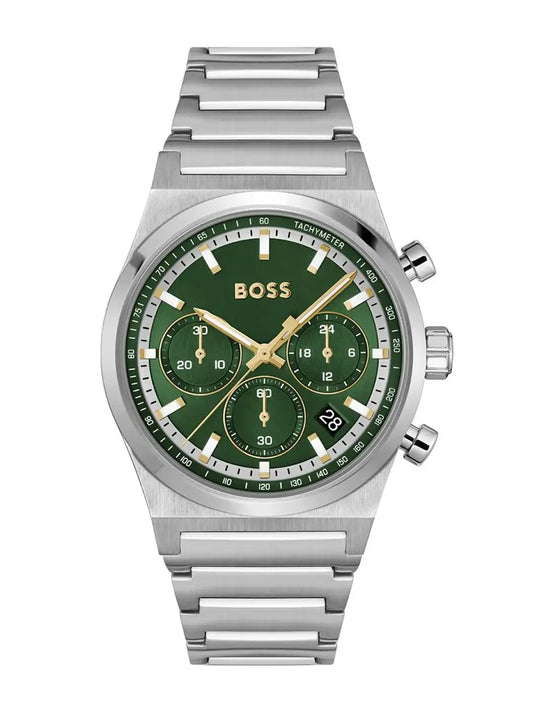 BOSS Candor Chrono Qtz Fashion Chrono Dark Green Round Dial Men's Watch|Stainless Steel Material|Silver Color Band - 1514220
