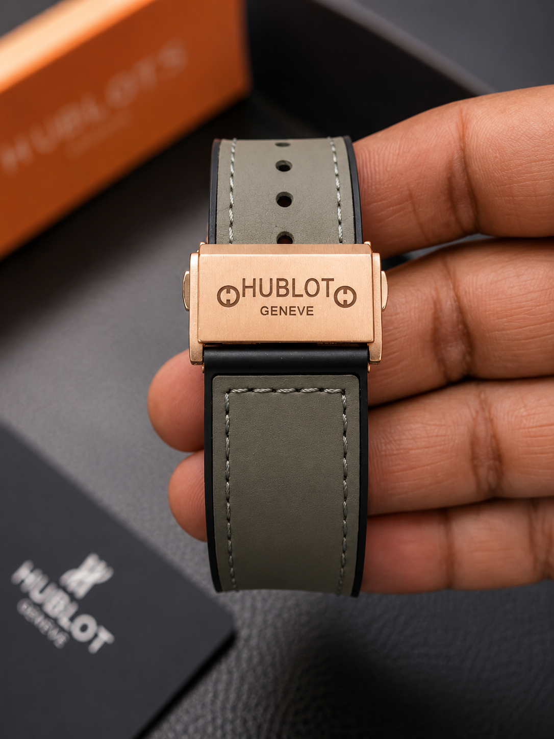 Hublot Automatic Watch – Titanium Rose Gold Dial with Grey Leather Strap