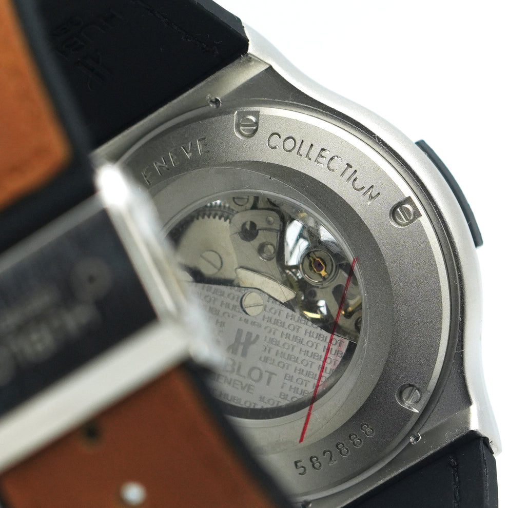 Hublot Automatic Watch – Titanium Silver Dial with Golden Leather Strap