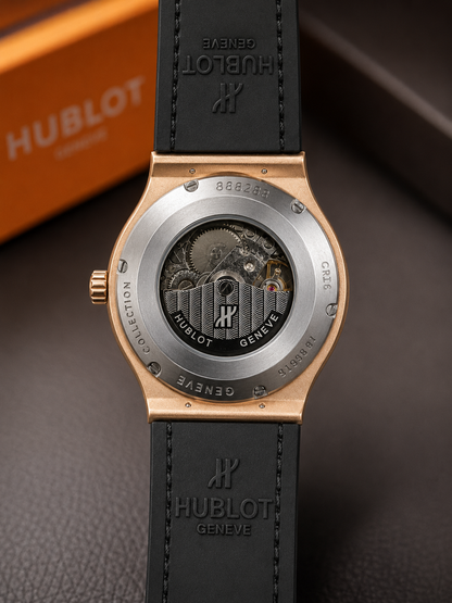 Hublot Automatic Watch – Titanium Silver Dial with Golden Leather Strap