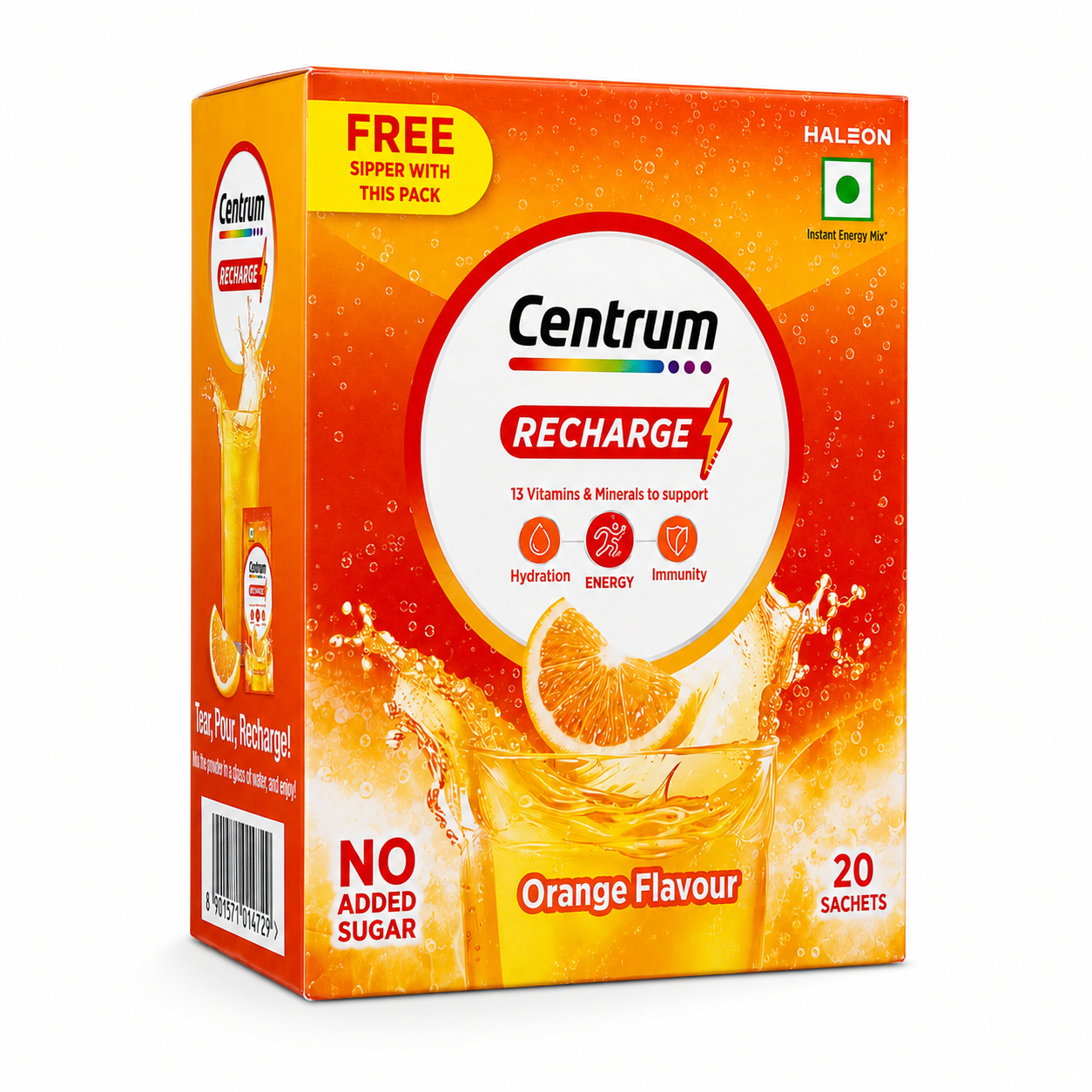 Centrum Recharge - Multivitamin Energy Drink Mix with No Added Sugar - 20 sachets+Free Sipper