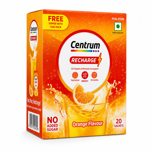 Centrum Recharge - Multivitamin Energy Drink Mix with No Added Sugar - 20 sachets+Free Sipper