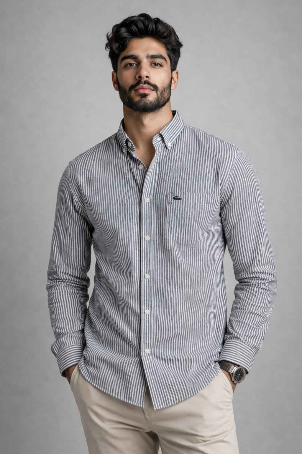 Lacoste Premium Striped Cotton Shirt- Classic Fit