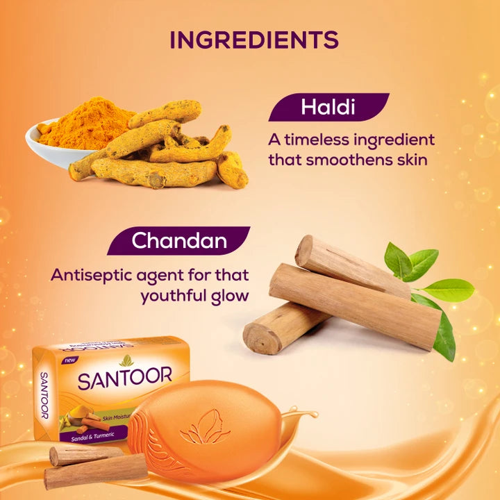 Santoor Sandal & Turmeric Soap - 100g (Pack of 4)