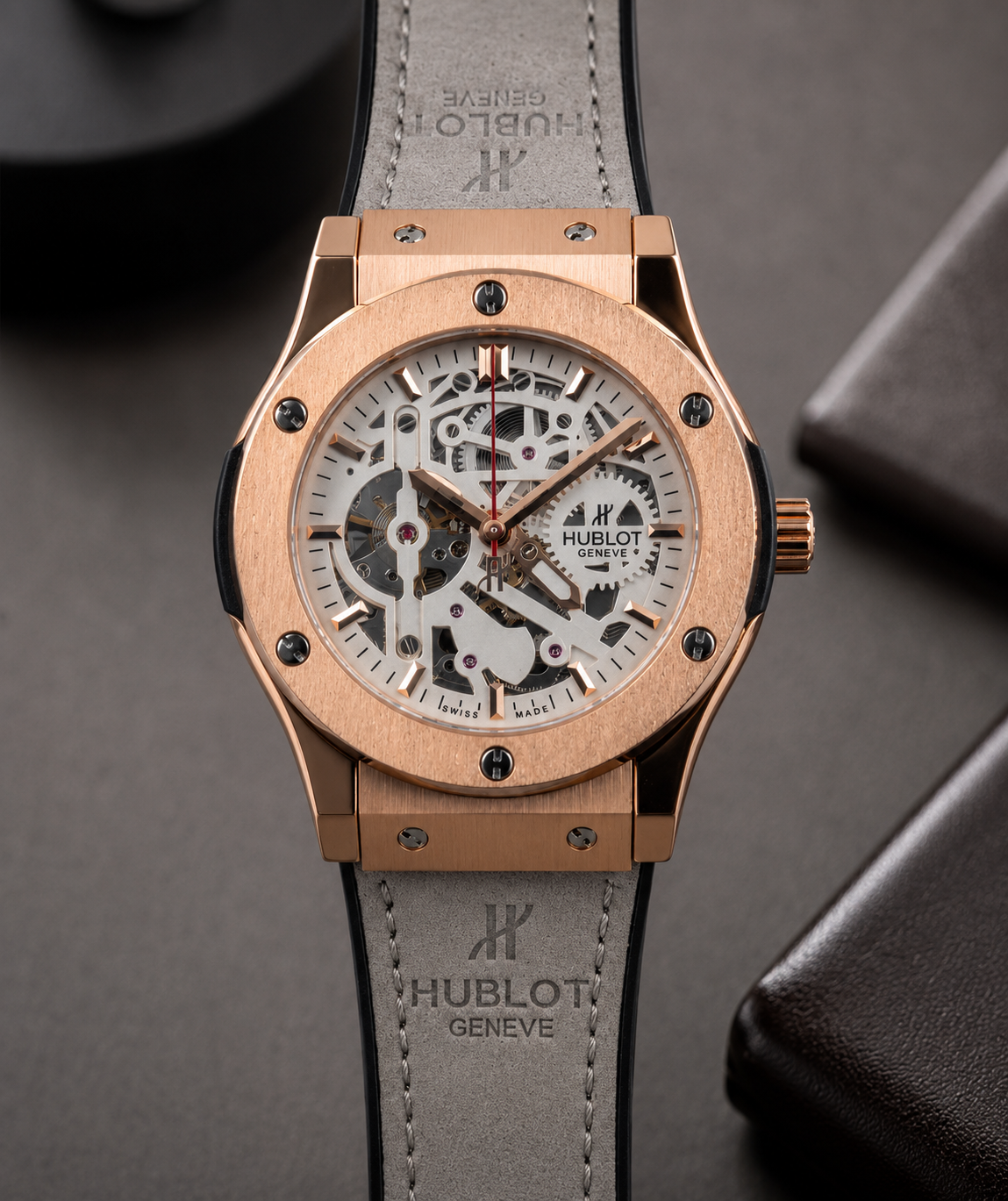 Hublot Automatic Watch – Titanium Rose Gold Dial with Grey Leather Strap