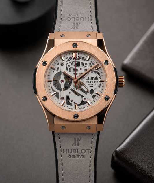 Hublot Automatic Watch – Titanium Rose Gold Dial with Grey Leather Strap