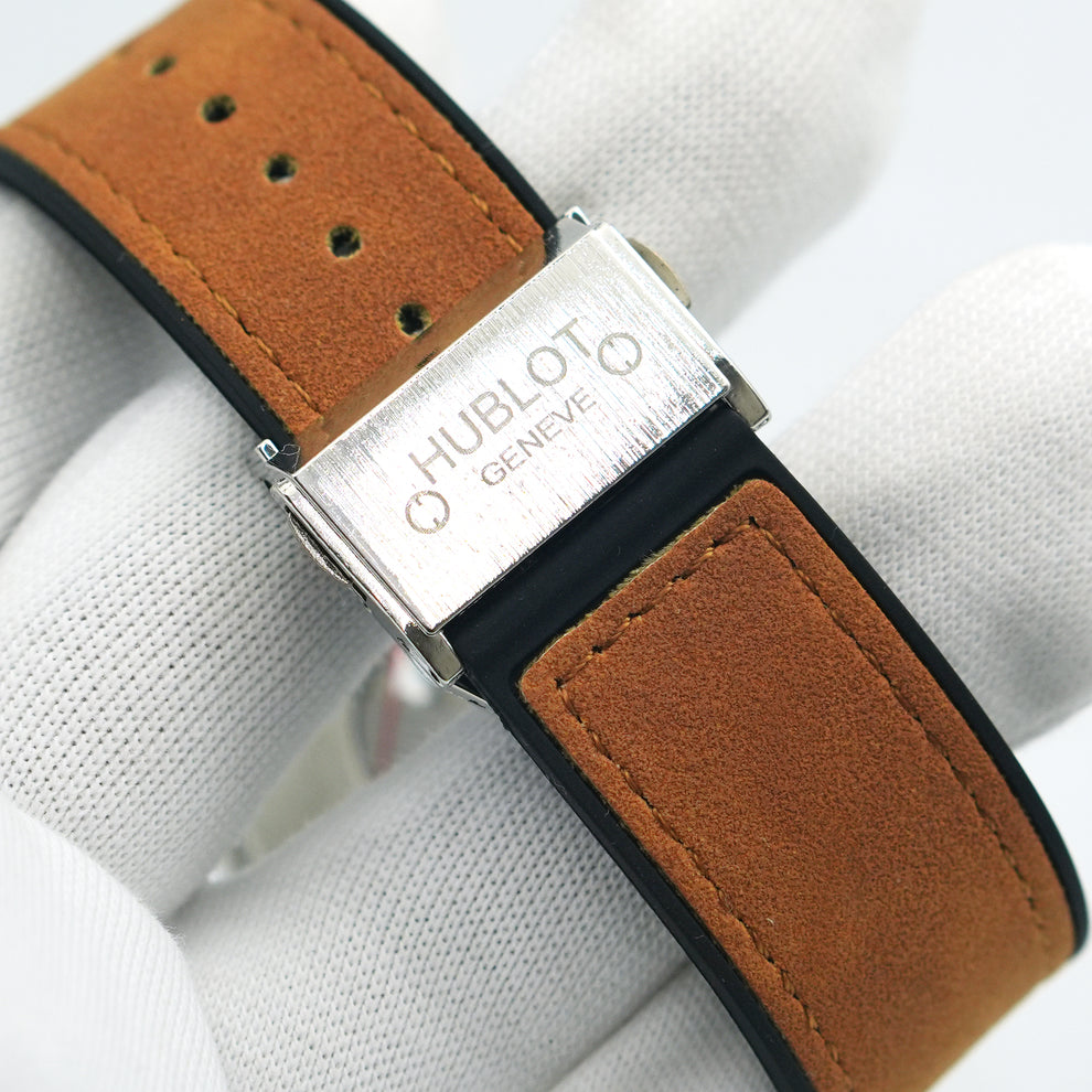 Hublot Automatic Watch – Titanium Silver Dial with Golden Leather Strap